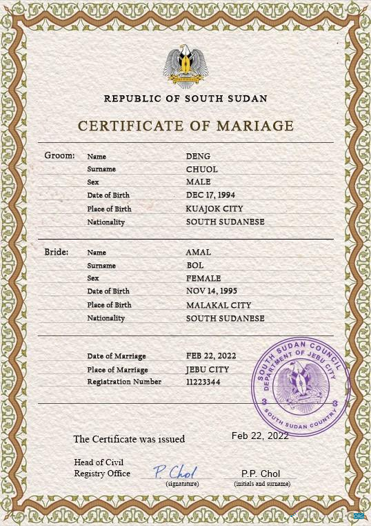 Download South Sudan marriage certificate PSD template Photoshop template